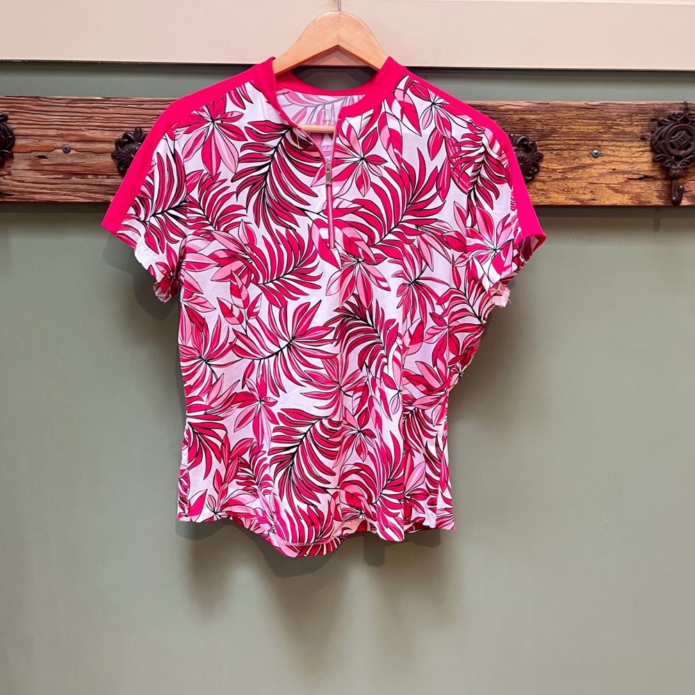 Tail Activewear Womens Pink Tropical Palm Leaf Quarter Zip Golf Polo Shirt XL